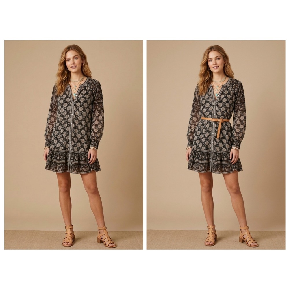 Cleobella Mini Dress Women Medium Black Floral Woodblock Boho Tiered Cottagecore